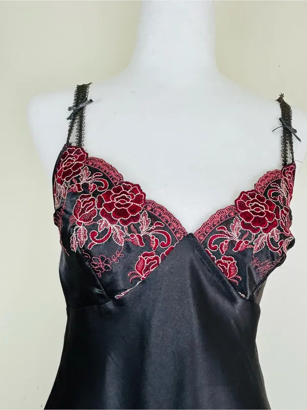 Vintage Black Satin Slip Dress Burgundy Embroidered Lace Maxi S - Image 4