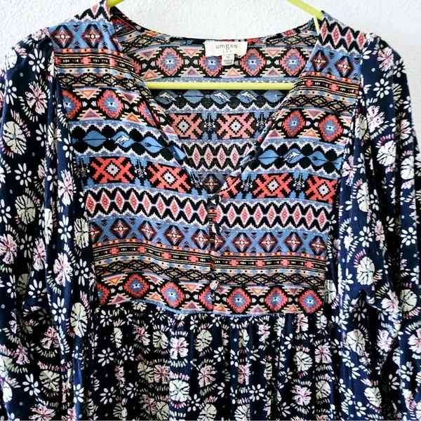 Umgee Navy Boho Aztec Print Mini Dress 3/4 Sleeve Babydoll Tunic Size Medium - Image 6