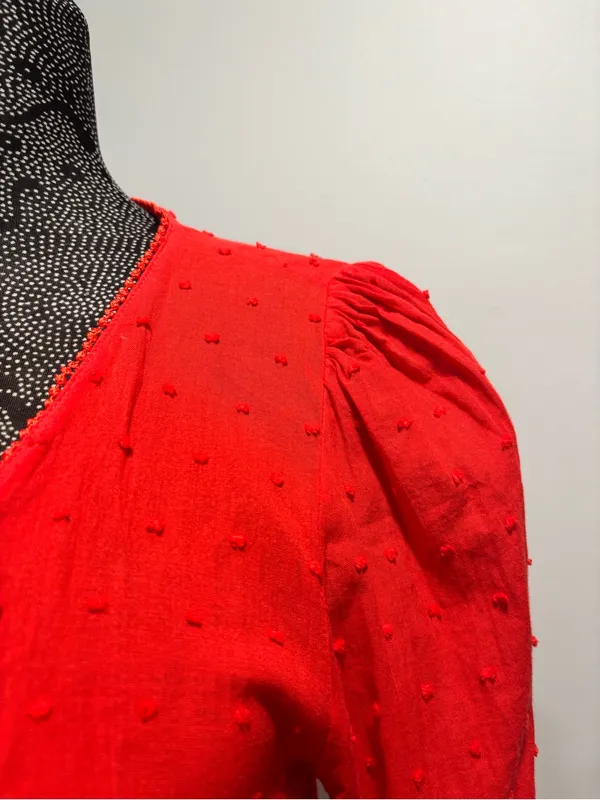 Anthropologie Farm Rio Wrap Blouse Swiss Dot, XS Pink red long sleeves - Image 4