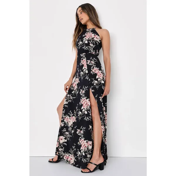 Lulus Feel the Music Midnight Blue Floral Print Halter Maxi Dress NWOT S - Image 4