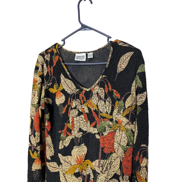 Chicos Design Womens Floral V-Neck Long Sleeve Top Black Orange Size 2 large - Image 2