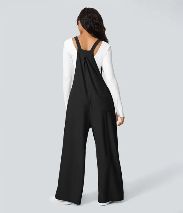 Halara Black Pockets Waffle Casual Wide Leg Overalls - Image 3