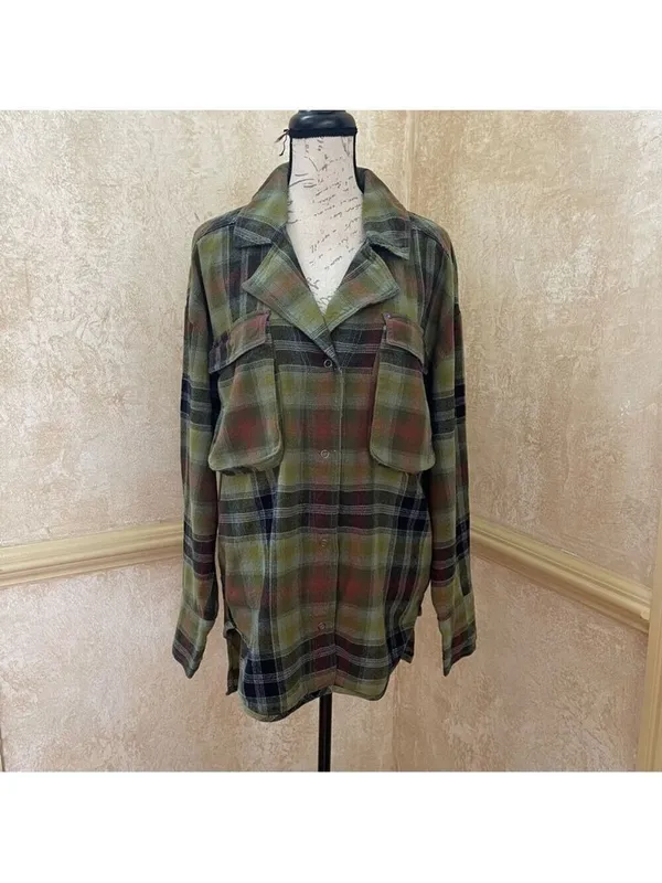 Free People We The Free Izzy Cargo Shirt plaid oversized Shacket Green Grunge M - Image 6