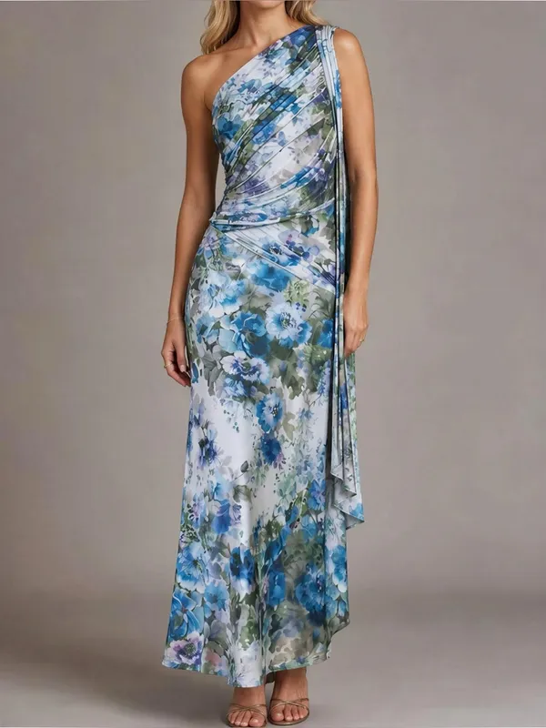 BHLDN One-Shoulder Scarf Maxi Dress, Blue Floral, Medium - Image 2