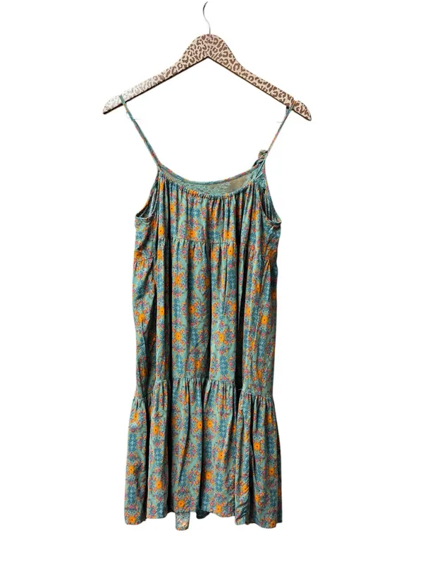 Natural Life Sleeveless Lace Inset Tiered Mini Dress Floral Teal Orange Medium - Image 3