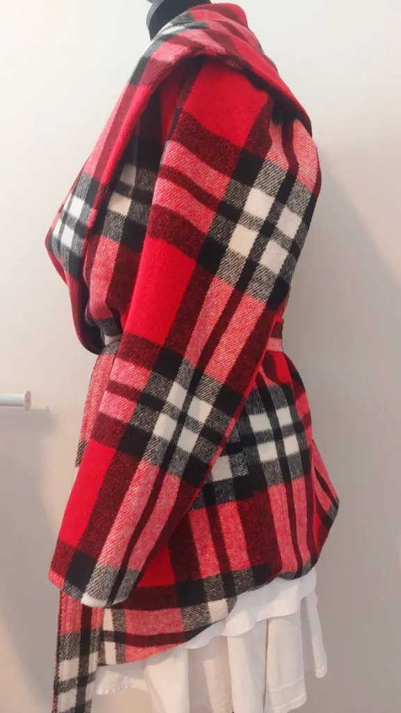 Plaid Flannel Drape Belted Jacket (Red) – M - Image 2