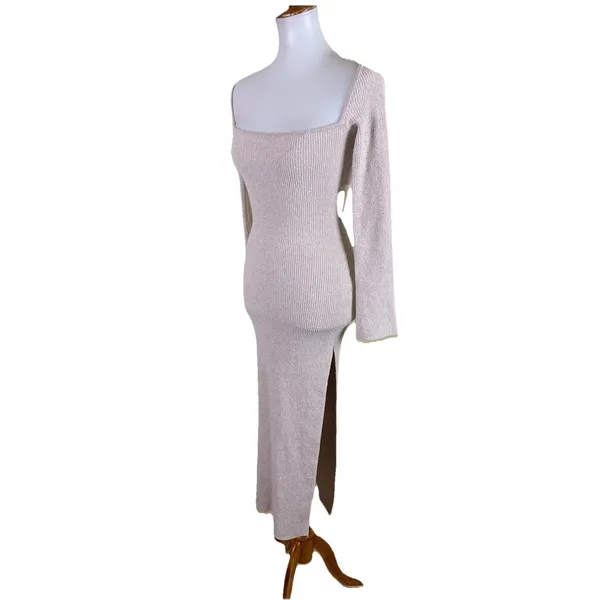 Oh Polly Beige Rib‎ Knit Square Neck Bodycon Maxi Dress L - Image 2