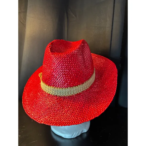 Red Straw Cowboy Hat‎ with Woven Band and Feather Accent Western Style Fedora - Image 3