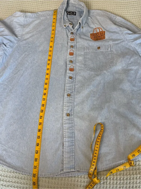 Vintage Embroidered Denim Button Down Shirt XL Baskets Cottagecore Teachercore - Image 10