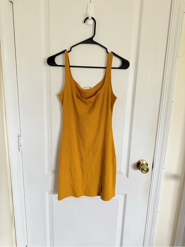 Reformation Mustard Yellow Ribbed Square-Neck Mini Dress - Image 2