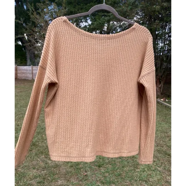 American Eagle Waffle Knit Top Camel Ling Sleeve Lounge Neutral Elevated Basic S - Image 3