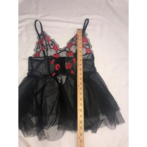 Babydoll Cami Med Black Red Embroidered Goth Fairy Slip Sexy Lips Lingerie Y2K - Image 6