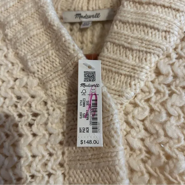 Madewell Wool Bomber‎ Cardigan Sweater Chunky Knit Cream Fisherman $148 NWT XXS - Image 6