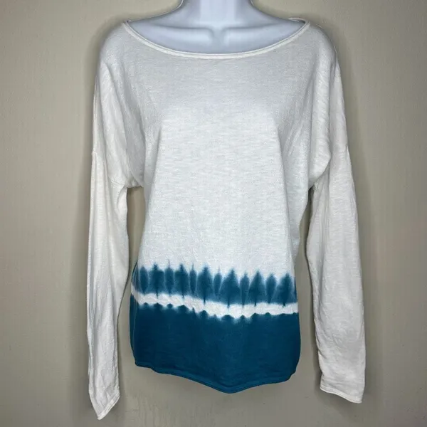 VINCE Womens Tie Dye Dip Dyed Top Teal White Long Sleeve Shirt Size X-Small - Image 2