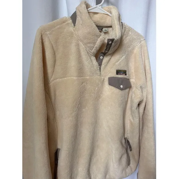 L.L.Bean Hi-Pile Fleece Pullover cream and gray size large - Image 9