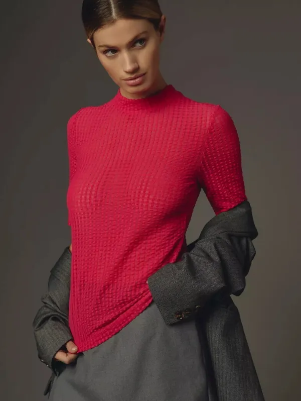 Maeve by Anthropologie Hot Pink Sheer Mesh Mock-Neck Top - Size - Large - Image 2