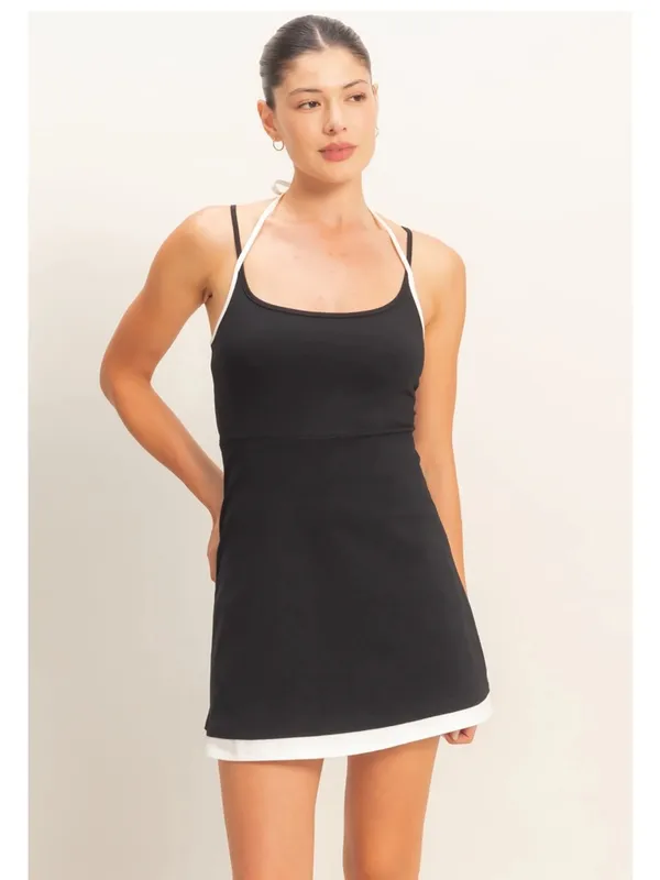 NEW HYFVE Black Halter Mini Dress Built In Shorts Cotton Stretch Large - Image 3
