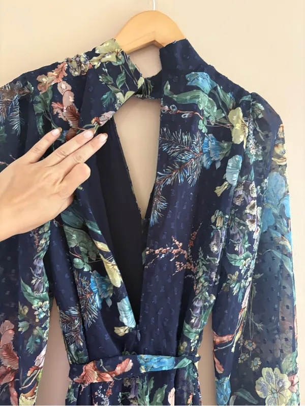 Lulus Fallyn Navy Floral Swiss Dot Long Sleeve Midi Dress Size Medium Tie Waist - Image 10