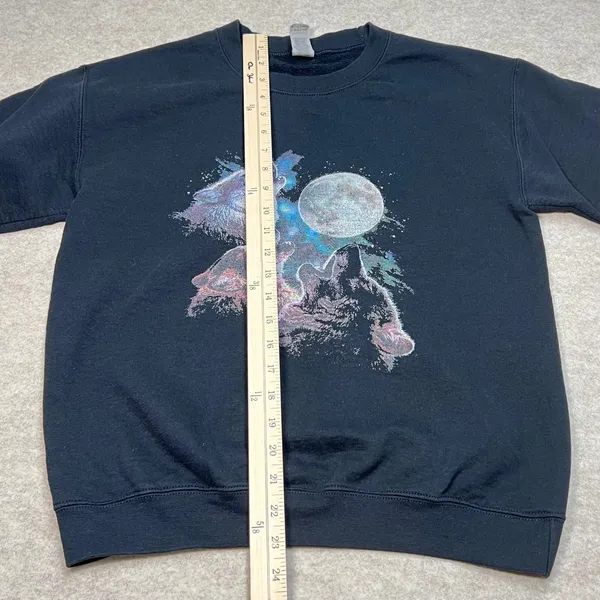 Vintage 90s Y2K Gildan Heavy Blend Howling‎ Wolves Moon Graphic Black Small - Image 6