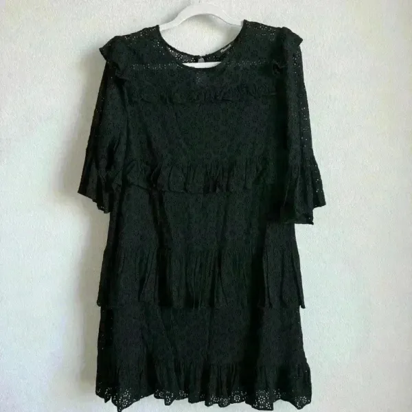 Madewell Women’s Black‎ Eyelet Waterlily Tiered Ruffle Boho Mini Dress Size 10 - Image 11