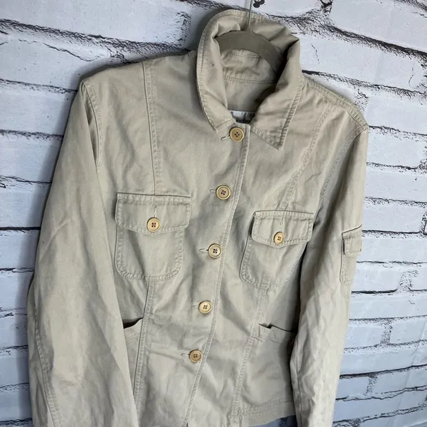 Jones New York Tan Utility Button-Up Collared Jacket Tailored SZ 12 Cargo Field - Image 7