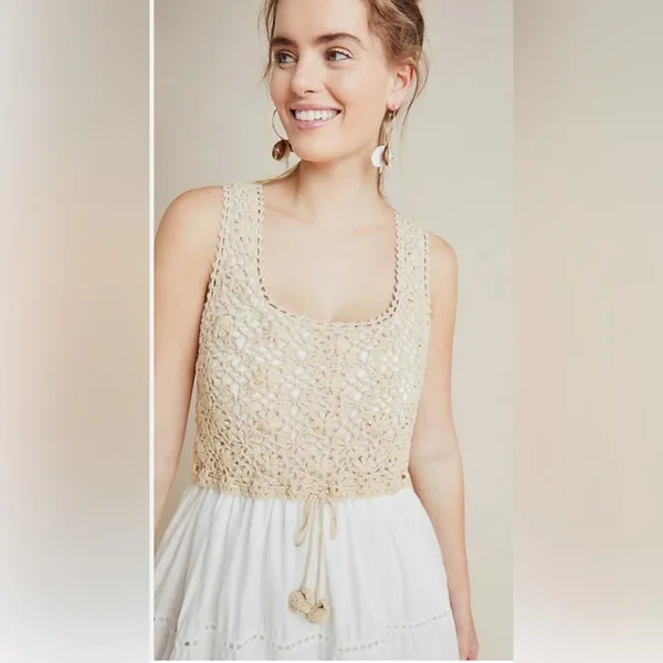 ANTHROPOLOGIE Beckett Crochet Beige Sleeveless Eyelet Midi Dress - Image 3