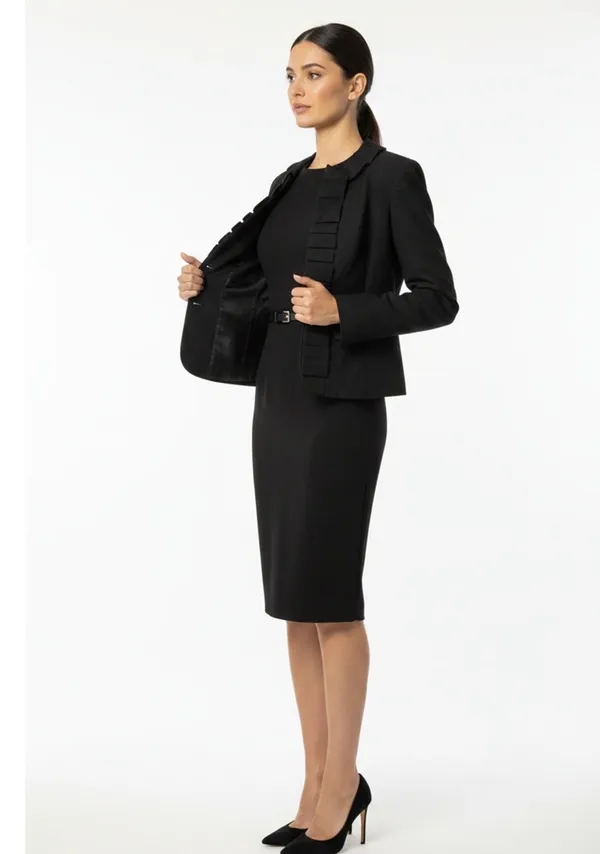 Kasper 2-Piece Pinstripe Dress & Ruffle Jacket Suit Set - Black / Grey, Size 6 - Image 3