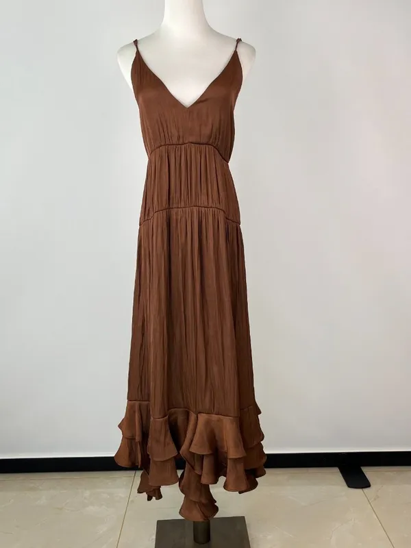 NWOT Farm Rio Ruffled Sleeveless V-Neck Midi Dress Brown Size L - Image 4