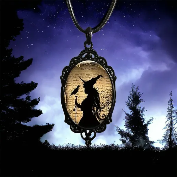 Witch And Raven Cameo Black Pendant, Vintage Style Gothic‎ Crow Glass Pedant - Image 4