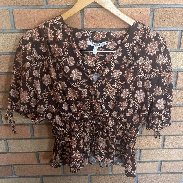 Derek Lam 10 Crosby Rhea Floral Puff-Sleeve V-Neck Top Brown Women’s Size 10 RTR - Image 2