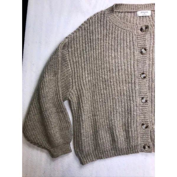 Zenana Womens 3X Oversized Cardigan Sweater‎ Tan Ribbed Knit Lantern Sleeve - Image 2