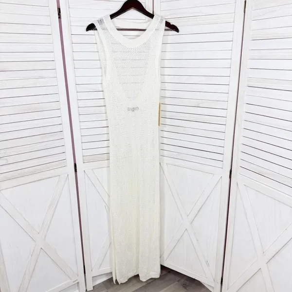 Almost Famous Sheer Crochet Open Back Beach Swim Cover‎ Maxi Dress Cream Medium - Image 9