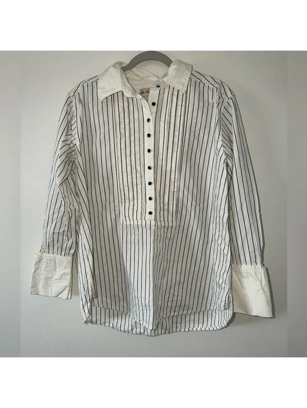 Free People We the Free After Hours Stripe Oversized 1/4 Button Down Top size xs - Image 9