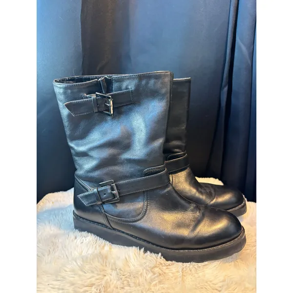 Black Leather Moto Buckle Boots Mid Calf Side Zip Platform Lug Sole TA 21J61 Size 6.5 - Image 5