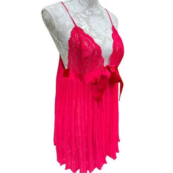 Victoria's Secret Red Lace Satin Bow Babydoll Chemise XL Lingerie Chiffon - Image 5