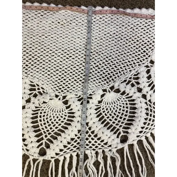 Vintage Pineapple Crochet Shawl Fringe Wrap Ivory Boho Festival One Size - Image 7