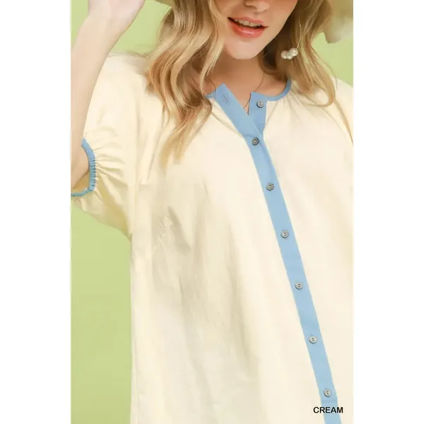 Umgee Contrast Trim Button Front Puff Sleeve‎ Blouse - Small - Image 4