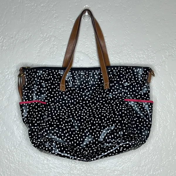 Fossil Large Waxed Leather‎ Shoulder Tote Zip Top Black Speckeled Bag - Image 2