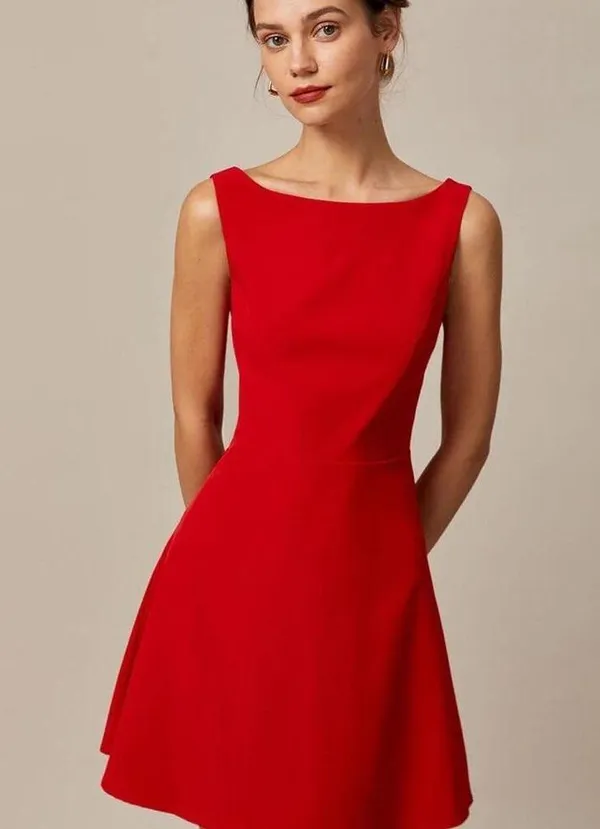 RIHOAS The Red Boat Neck High Waisted Mini Dress M - Image 2