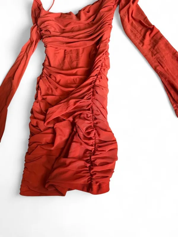 NWOT Hello Molly Rust Red Ruched Long Sleeve Mini Dress Small - Image 3