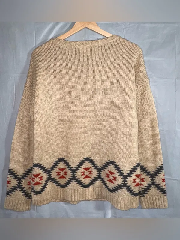 Hem & Thread Sweater Womens Large‎ Tan Red Aztec Boho Southwest Knit Wool Blend - Image 2