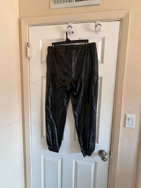 Black Faux Leather Elastic Waist Drawstring Jogger Pants EPI1238-J - Image 7