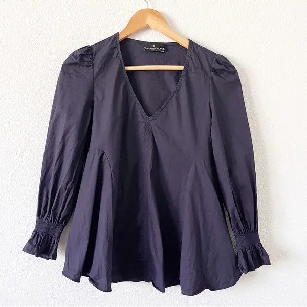 Tuckernuck Easton Poplin Ruffle Sleeve Blouse Navy V-Neck Cotton Top - Image 2
