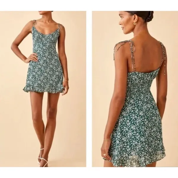 Reformation Esther Green Floral Mini Dress Ruffle Scoop Neck Adjustable Straps 0 - Image 7