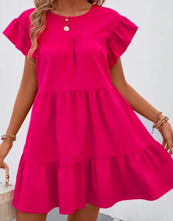 Solid Crew Neck Tiered Dress Pink - Image 3
