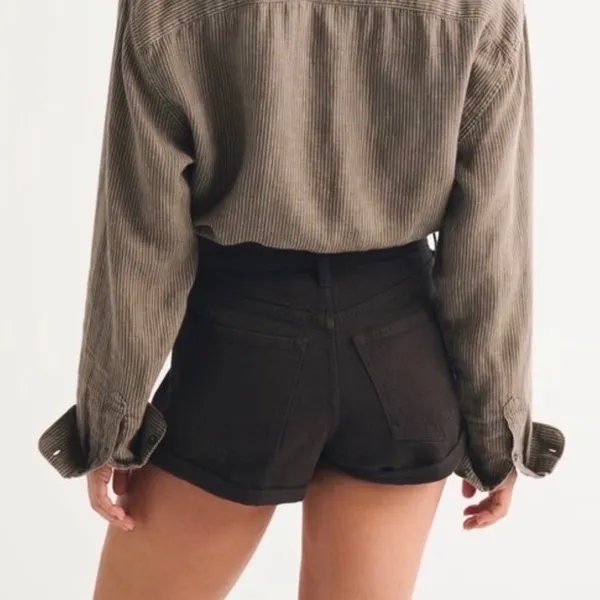 Abercrombie & Fitch Womens Black Denim Shorts Raw Hem Cut Off Size 26 2 Low Rise - Image 2