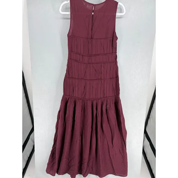 H&M Womens Dress Burgundy Tiered Pleated Sleeveless Midi Small - Image 3