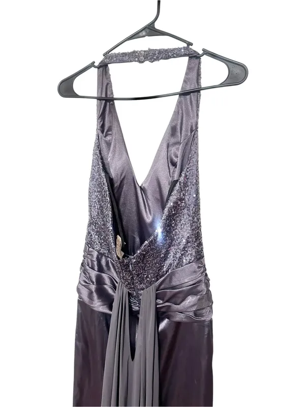 Vintage Lenovia Y2K Charcoal Gray Halter Formal Dress Gown Sequin Ruched - Image 4