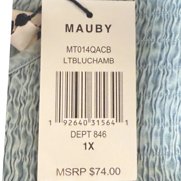 Mauby Womens Smocked Puff‎ Sleeve Blouse Blue Chambray Casual Shirt Top 1X - Image 7