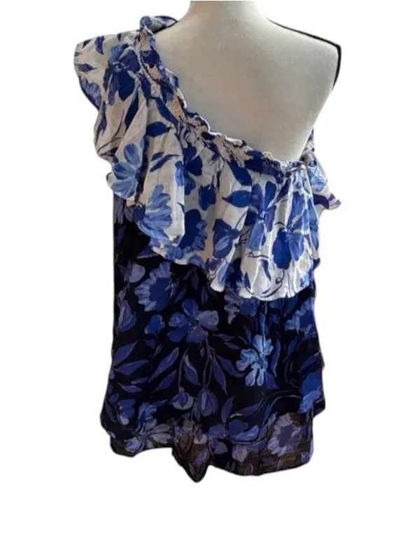 Anthropologie Boho Floral One-Shoulder Ruffle tier Mini Dress Resortwear fairy - Image 10